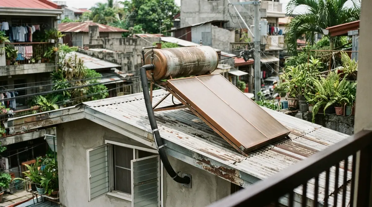 A solar thermal water heating unit installed on a corrugated metal roof in a tropical setting.