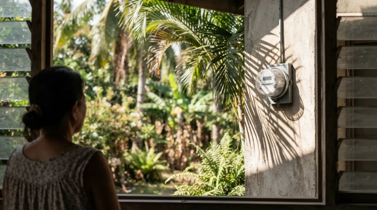 Strong sunlight casts deep palm tree shadows over a residential electricity meter on a wall.