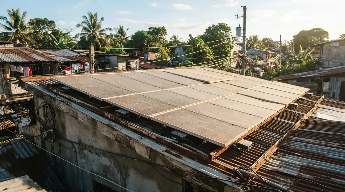Solar panels with individual power optimizers mounted on a residential roof in the Philippines.