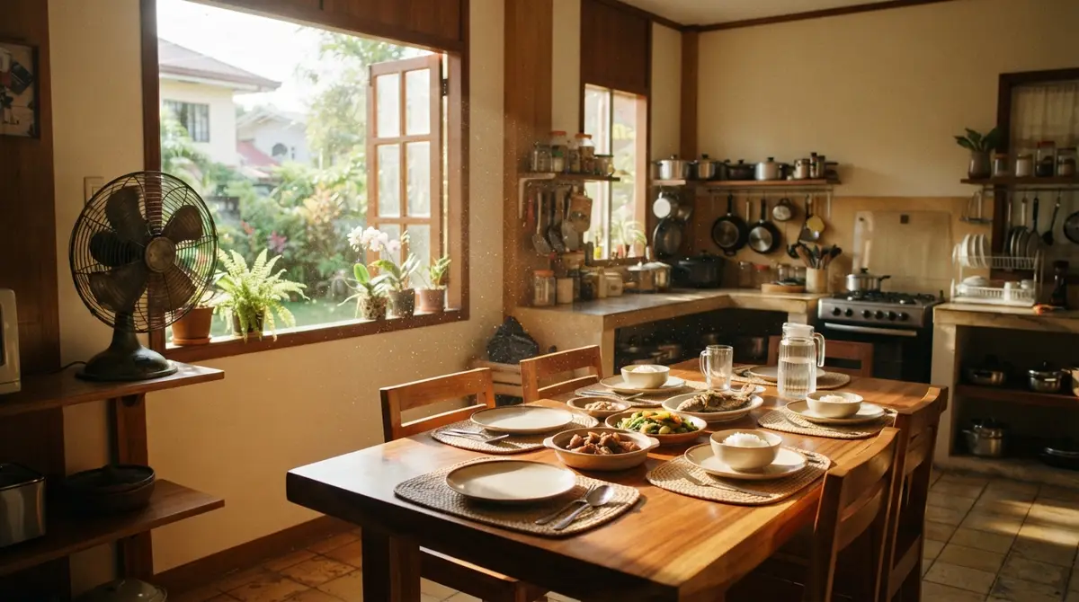A bright kitchen with a spinning electric fan illuminated by natural midday sunlight.