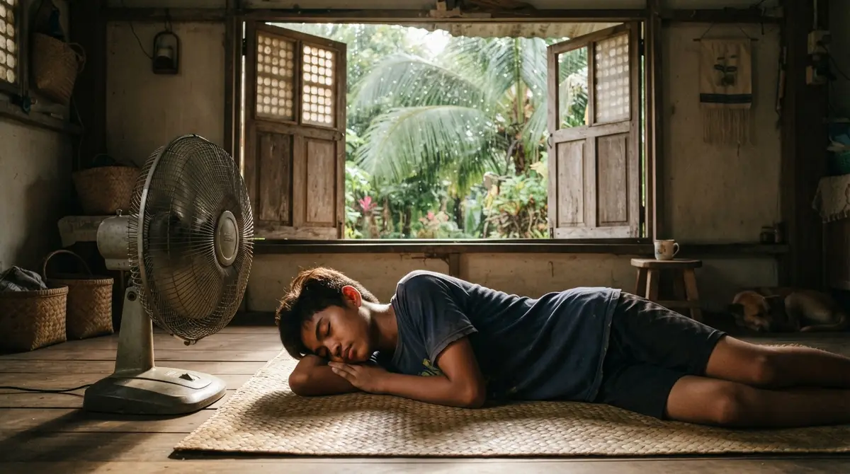 A person rests by a large floor fan as rain falls outside an open window.
