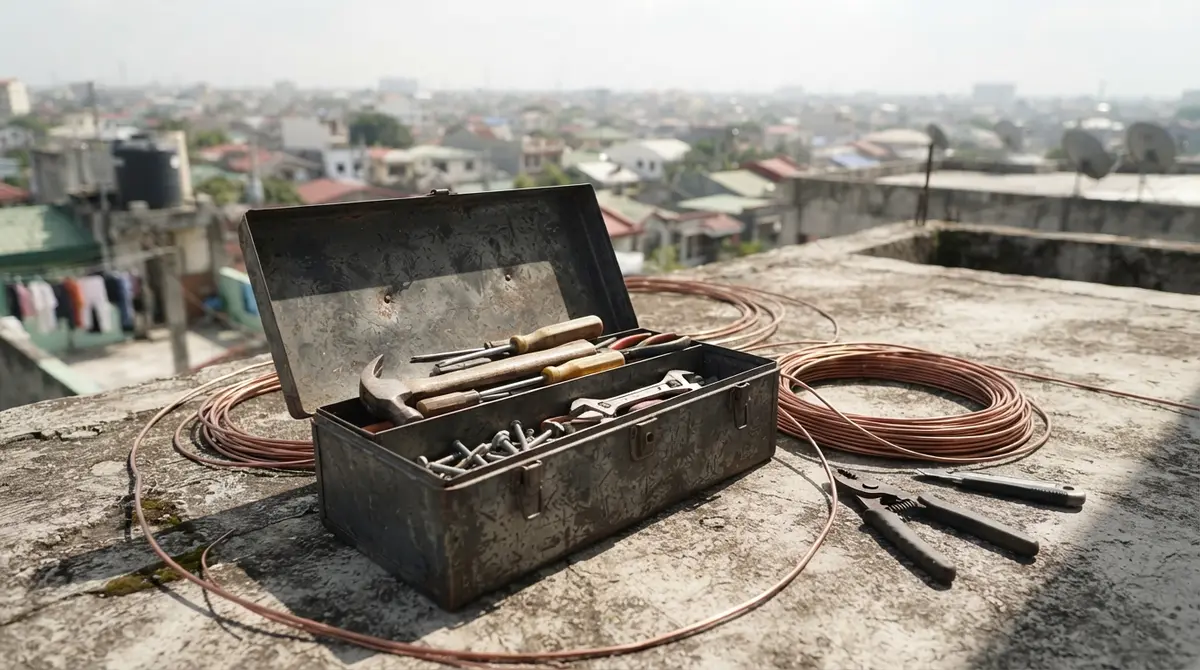 An open toolbox and electrical wiring on a sunlit residential rooftop in the Philippines.
