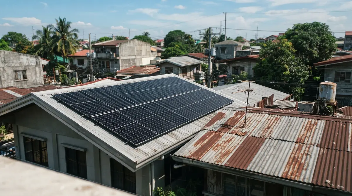 A close-up of dark premium solar panels installed on a residential roof in the Philippines.