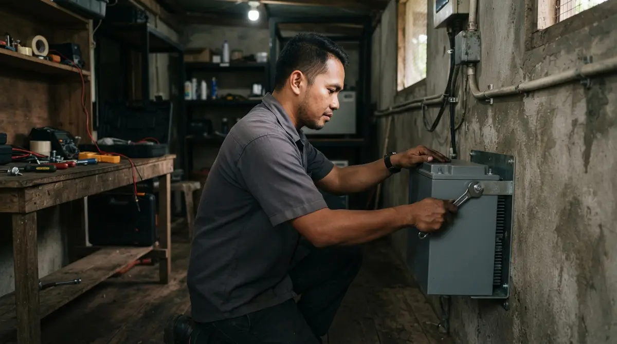 A technician mounts a rectangular solar battery unit onto a residential concrete wall.