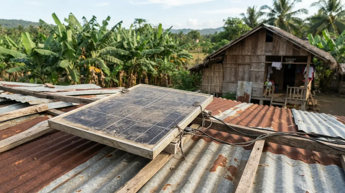 A weathered solar panel sits on a corrugated tin roof near tropical trees.