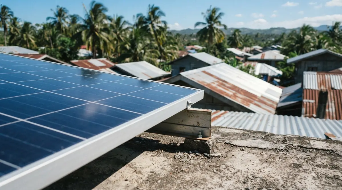 Close up of a solar panel corner reflecting blue sky above a tropical neighborhood.