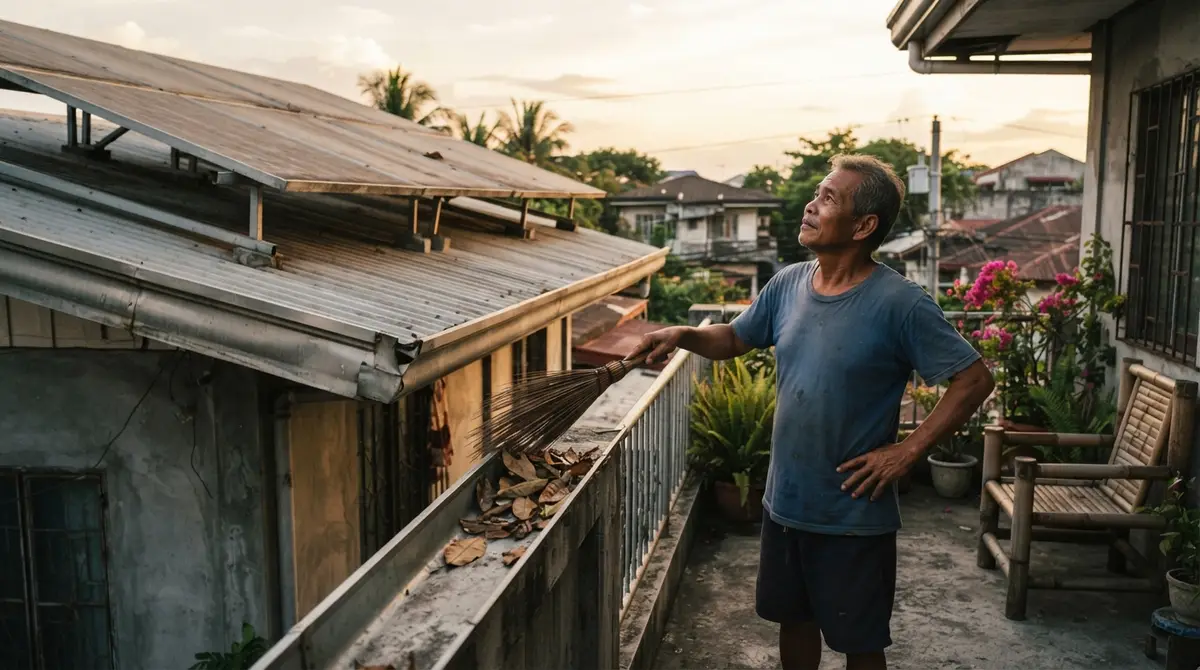 A person sweeping leaves on a balcony beneath a roof with solar panels at sunset.