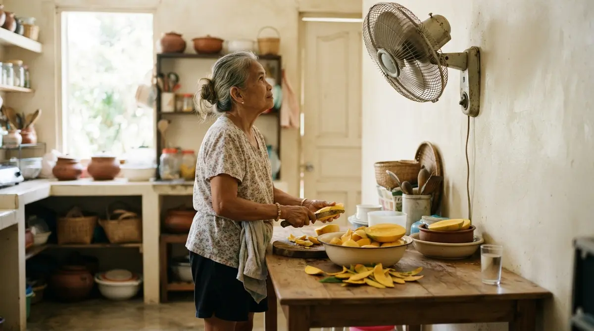 A woman looks up at a ceiling fan inside a sunlit kitchen with fruit.