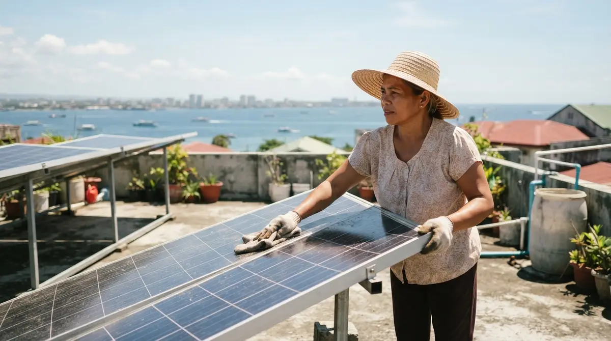 A person cleaning solar panels on a sunny rooftop overlooking a coastal city.