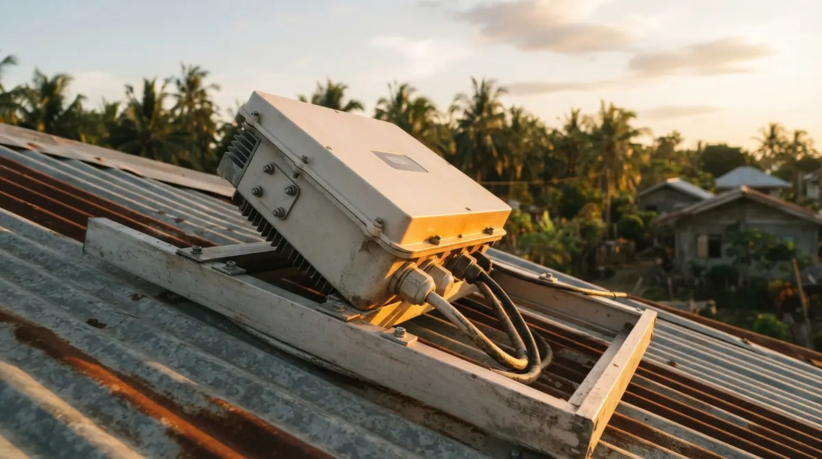 Heavy-duty inverter enclosure mounted on a corrugated metal roof under warm afternoon light.