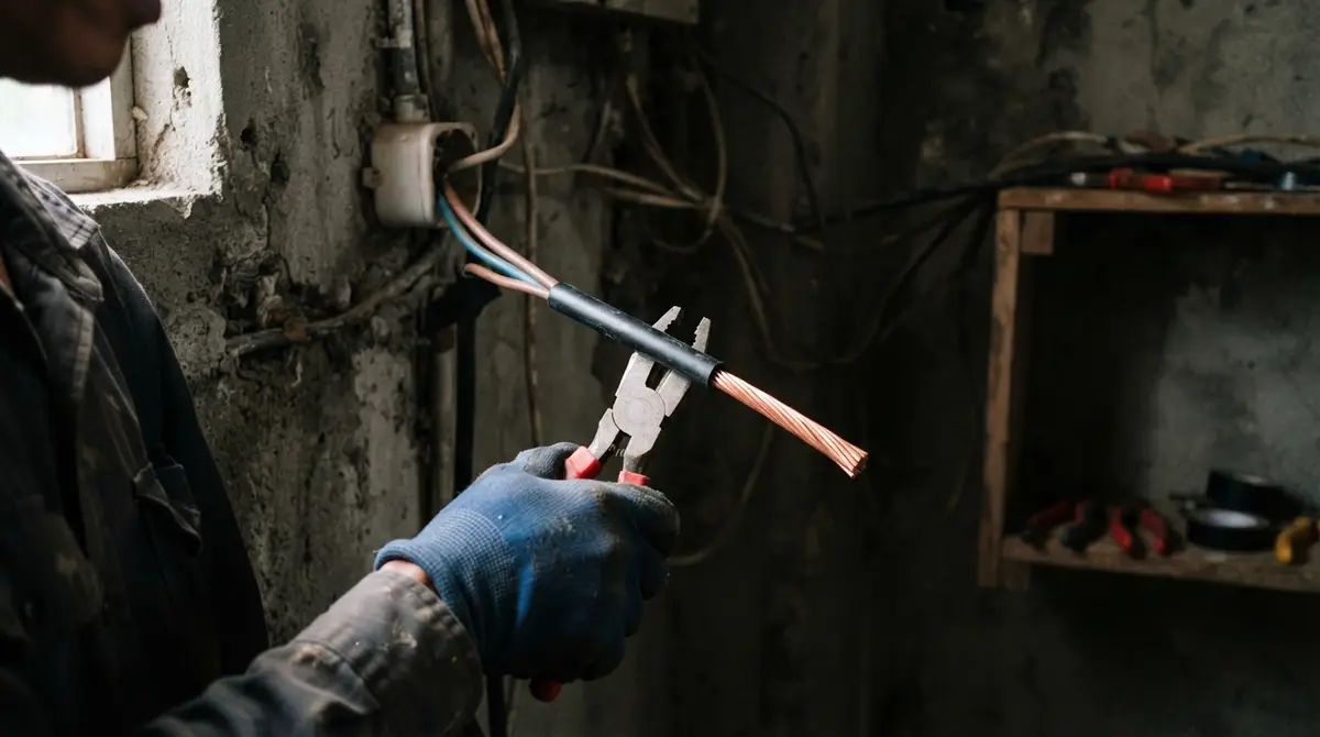 Gloved hands stripping insulation from a thick copper wire inside a concrete home interior.