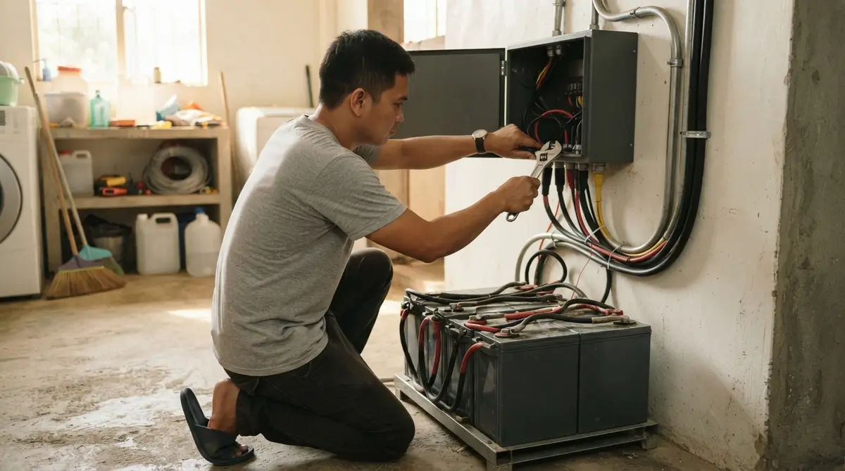 A technician works on a solar inverter and battery system mounted on a concrete wall.