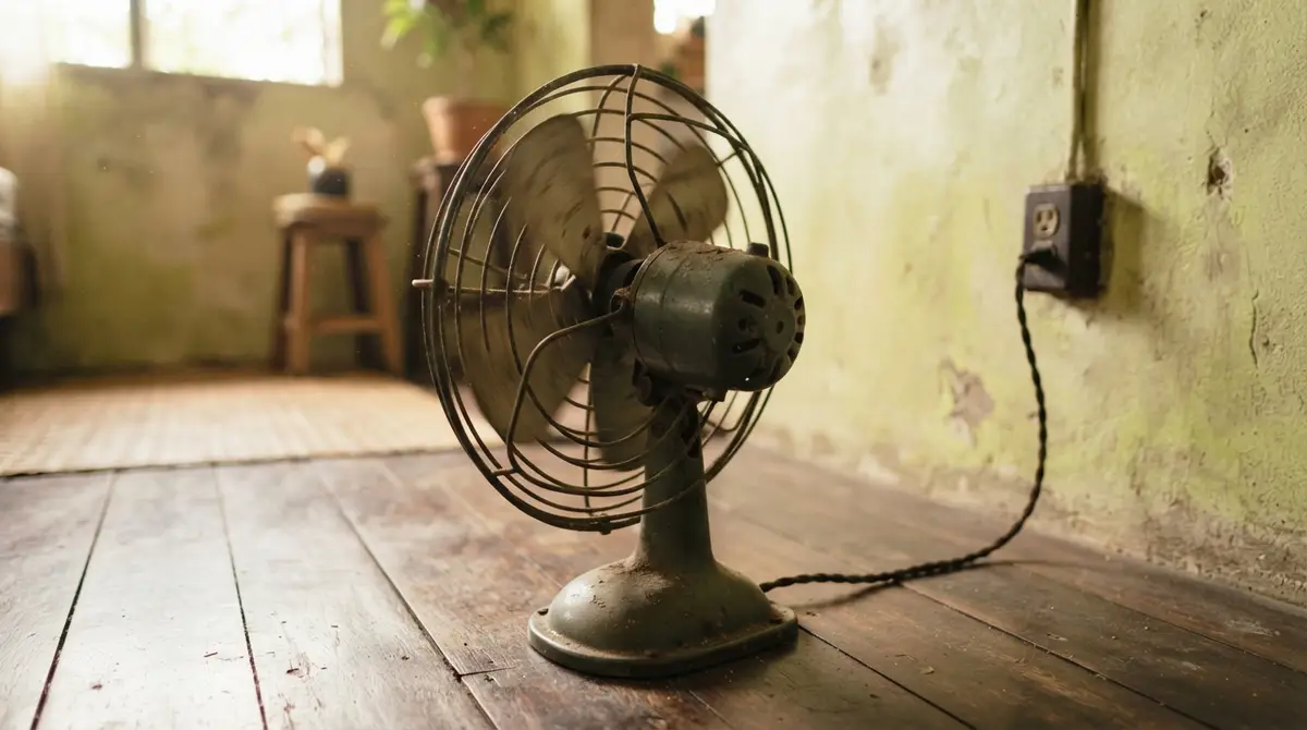 A vintage electric fan in a sunlit room with an electrical outlet on the wall.