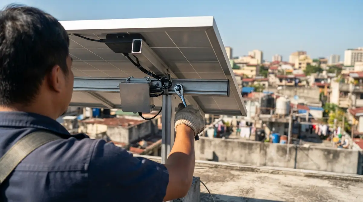 Technician's hands securing a small power optimizer device onto the metal frame of a solar panel.