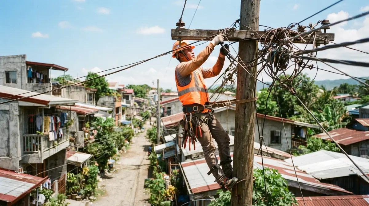 A utility worker on a power pole maintains electrical lines above a residential street.