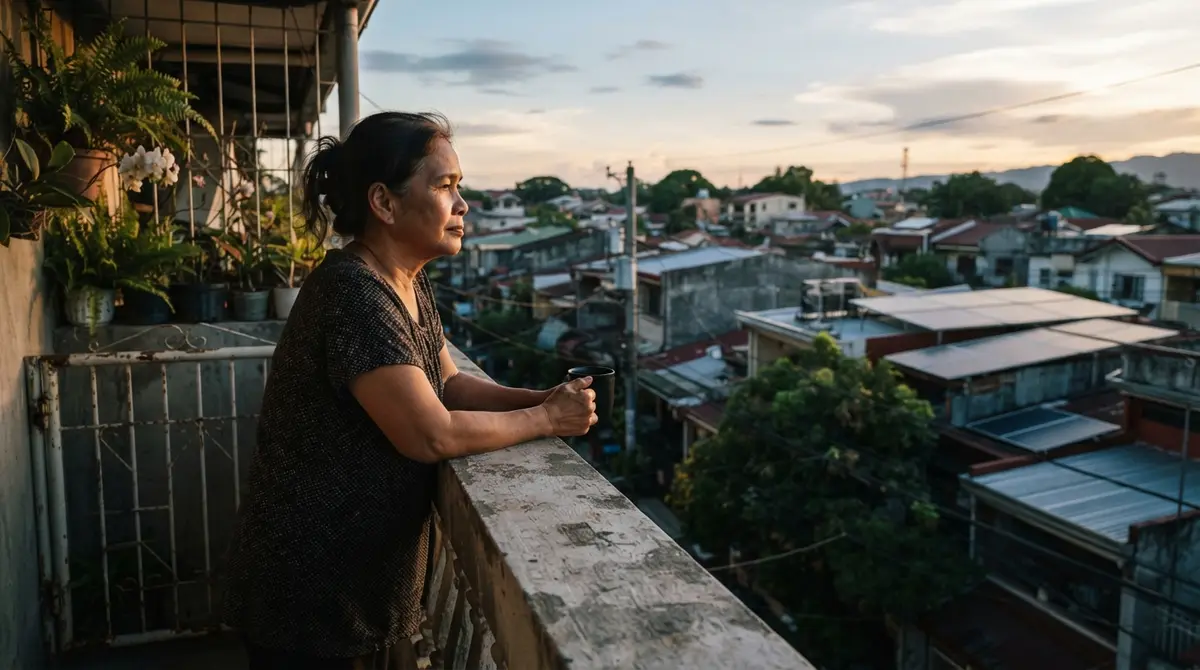 Silhouette of a person on a balcony overlooking a neighborhood of rooftops with solar panels.