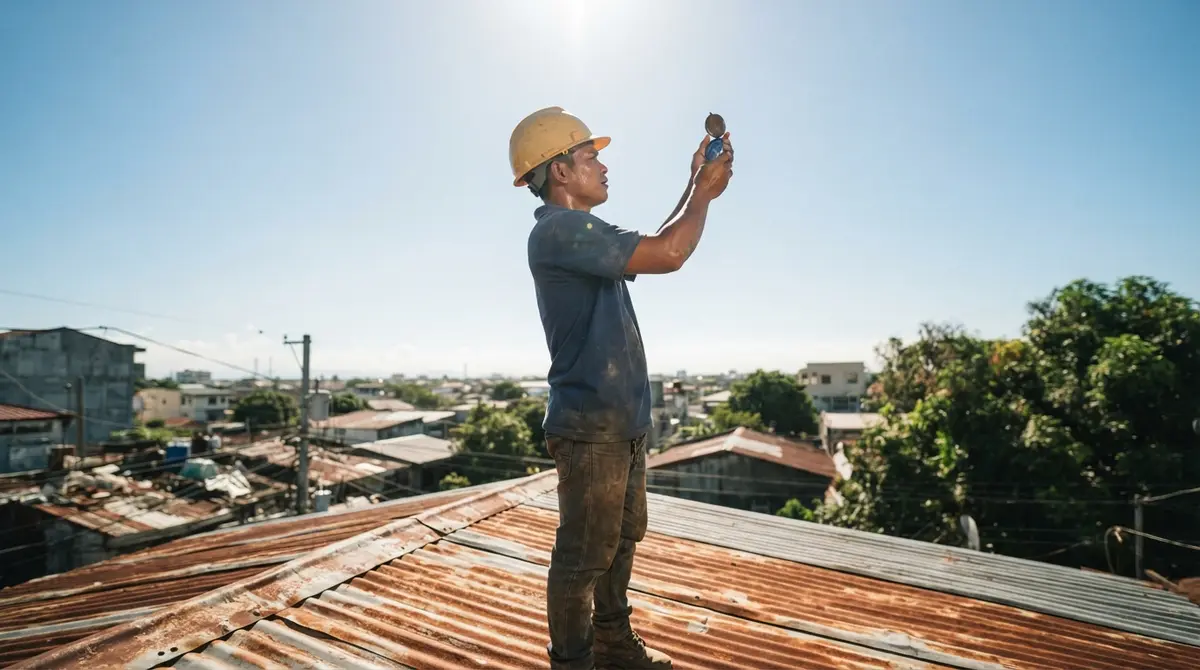 A worker on a corrugated roof holds a compass toward the sky.