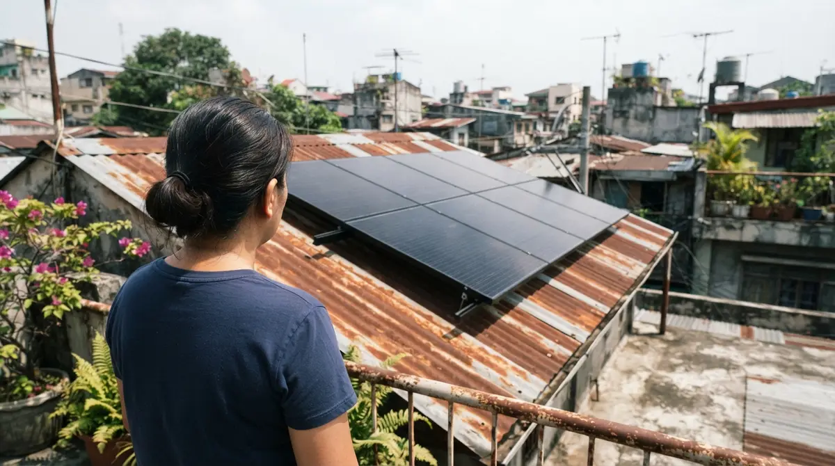 A close view of a dark solar panel array installed on a weathered metal roof.