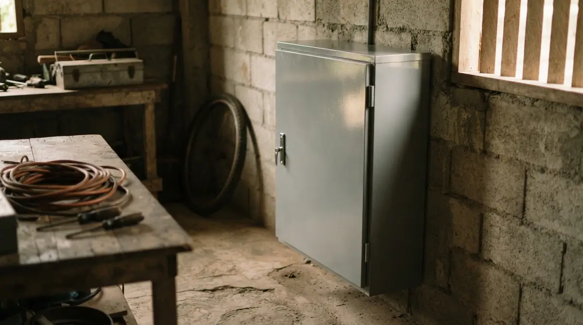 A metal battery storage cabinet stands against a concrete wall in a sunlit utility room.