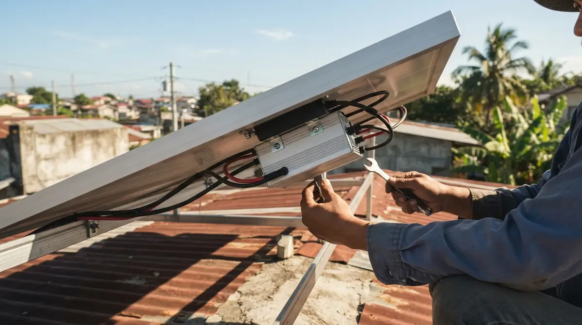 A small power converter attached to the aluminum frame beneath a residential rooftop solar panel.