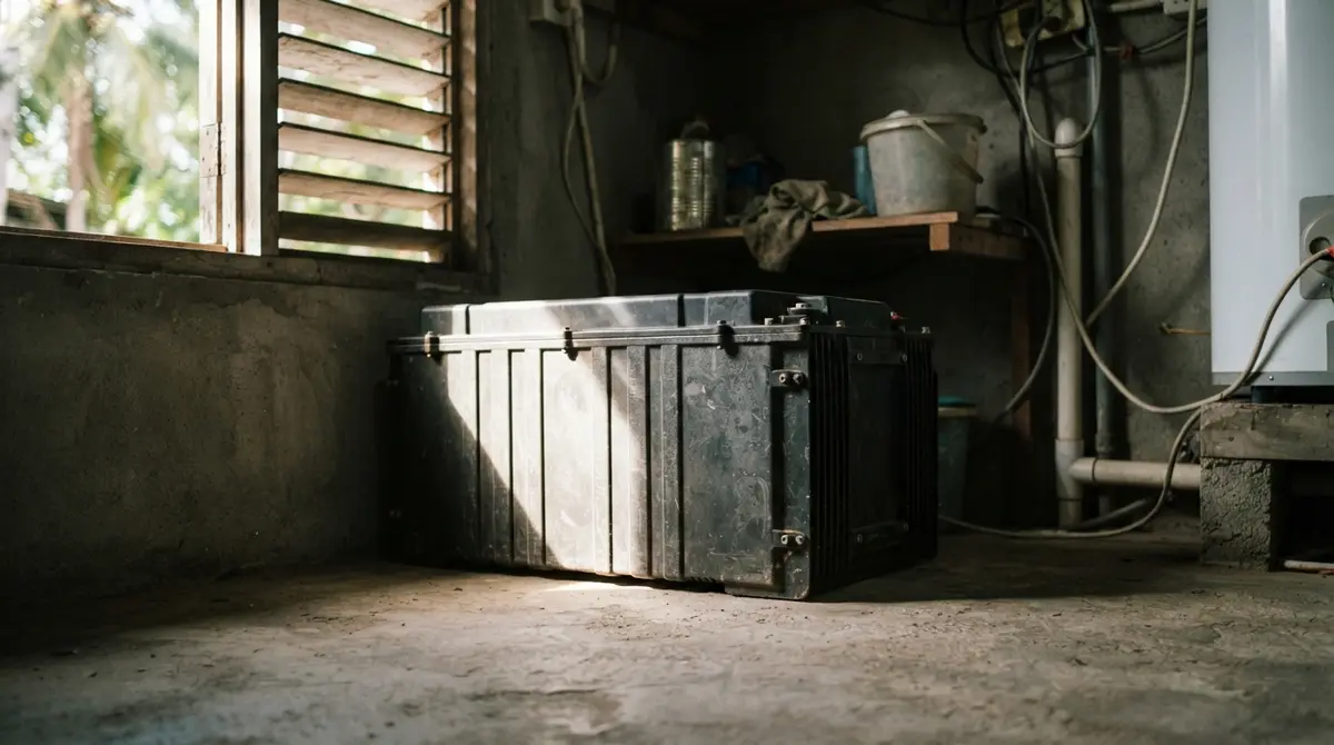 A heavy battery unit sits on a concrete floor in a sunlit utility room.