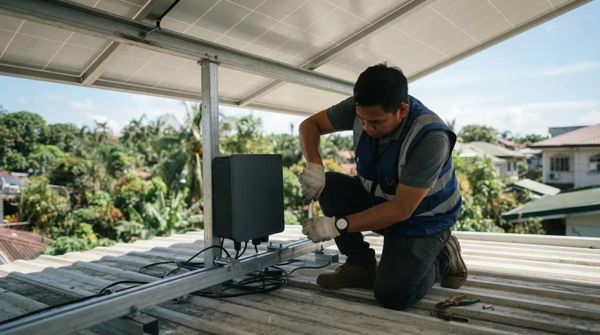 Worker installing a small solar inverter onto metal rails on a sunlit residential rooftop.