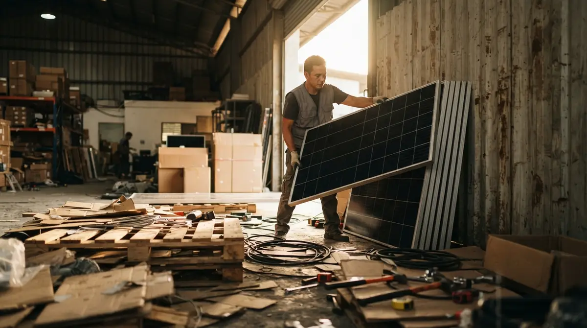 A warehouse worker stacking large glass solar panels against a corrugated metal wall.