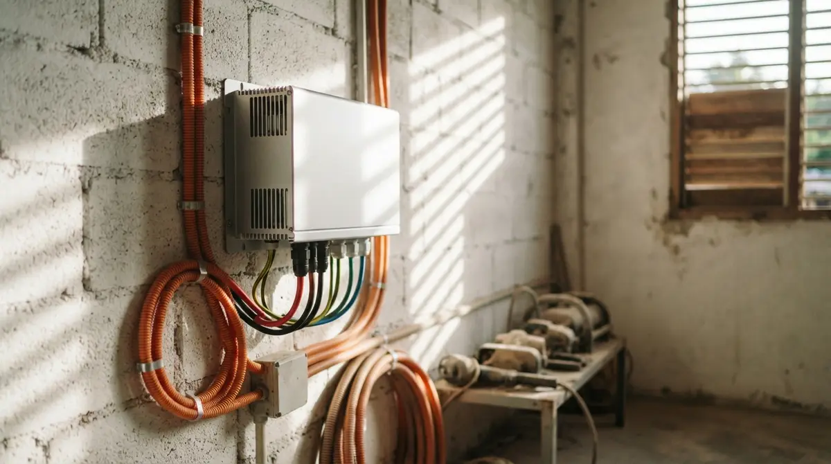 A silver electrical inverter mounted on a bright white concrete wall with coiled orange wires.