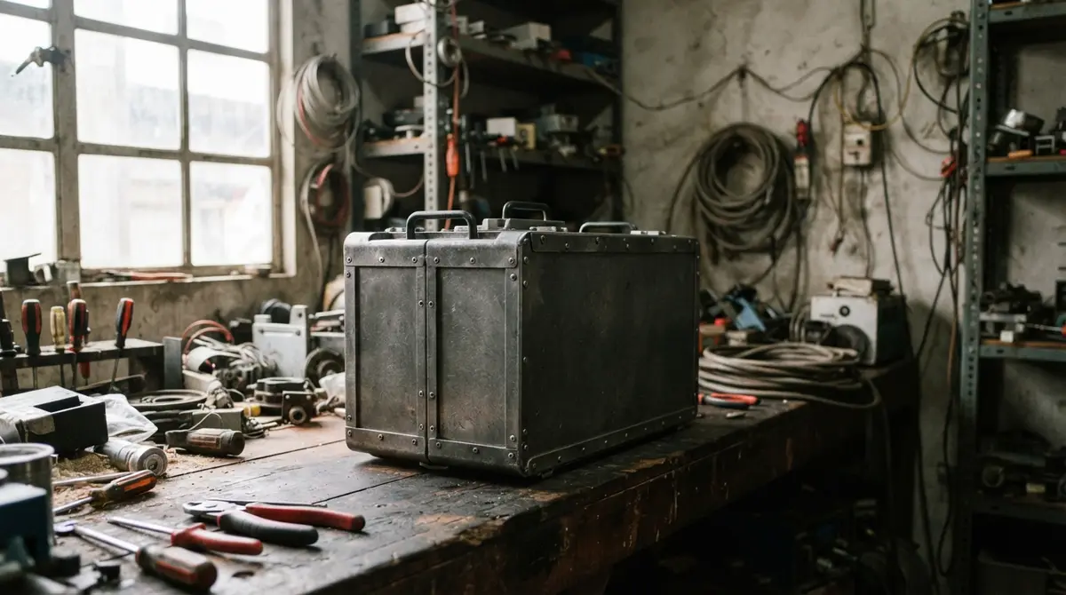 Heavy battery pack resting on a wooden workbench in a workshop lit by natural light.