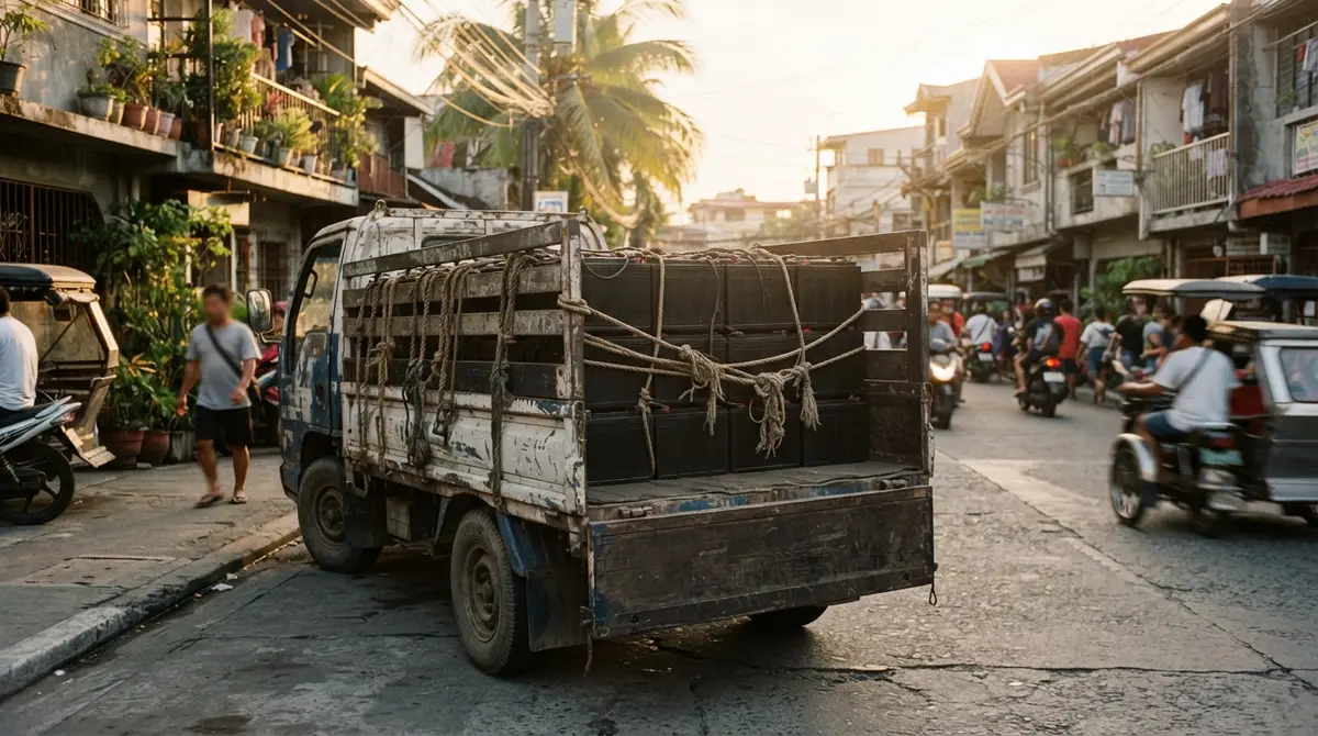 Heavy-duty batteries secured with rope in the open cargo bed of a delivery truck.