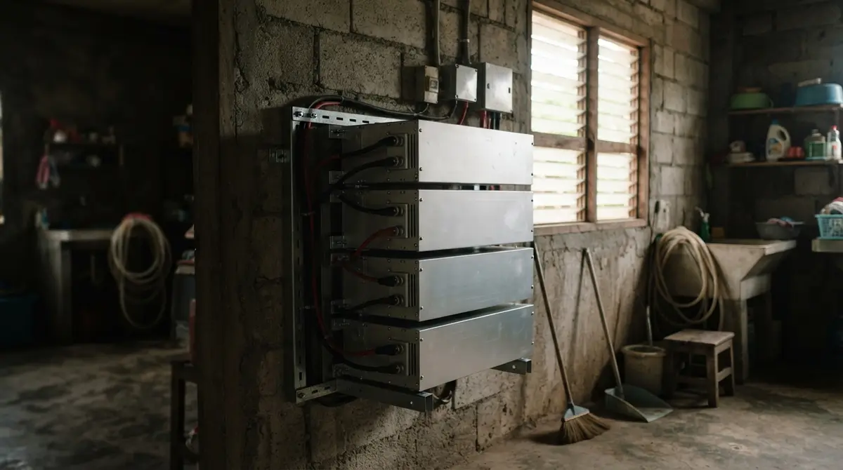 Stack of clean metal energy storage units mounted on a residential utility room wall.