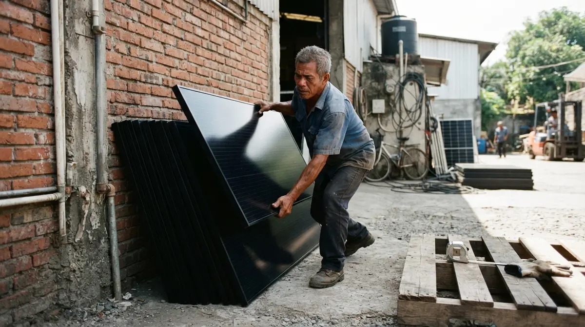 A worker stacks dark solar panels against a brick wall in a sunny warehouse courtyard.