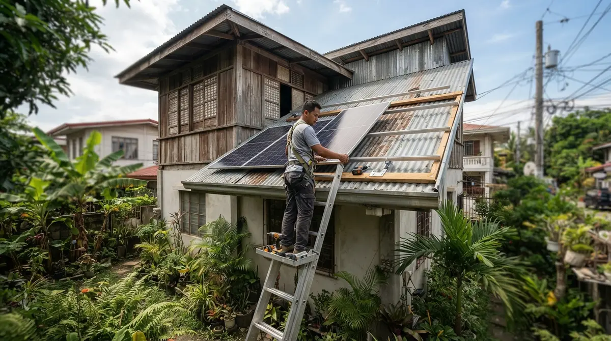A worker installs a solar panel onto a metal roof above a tropical garden.