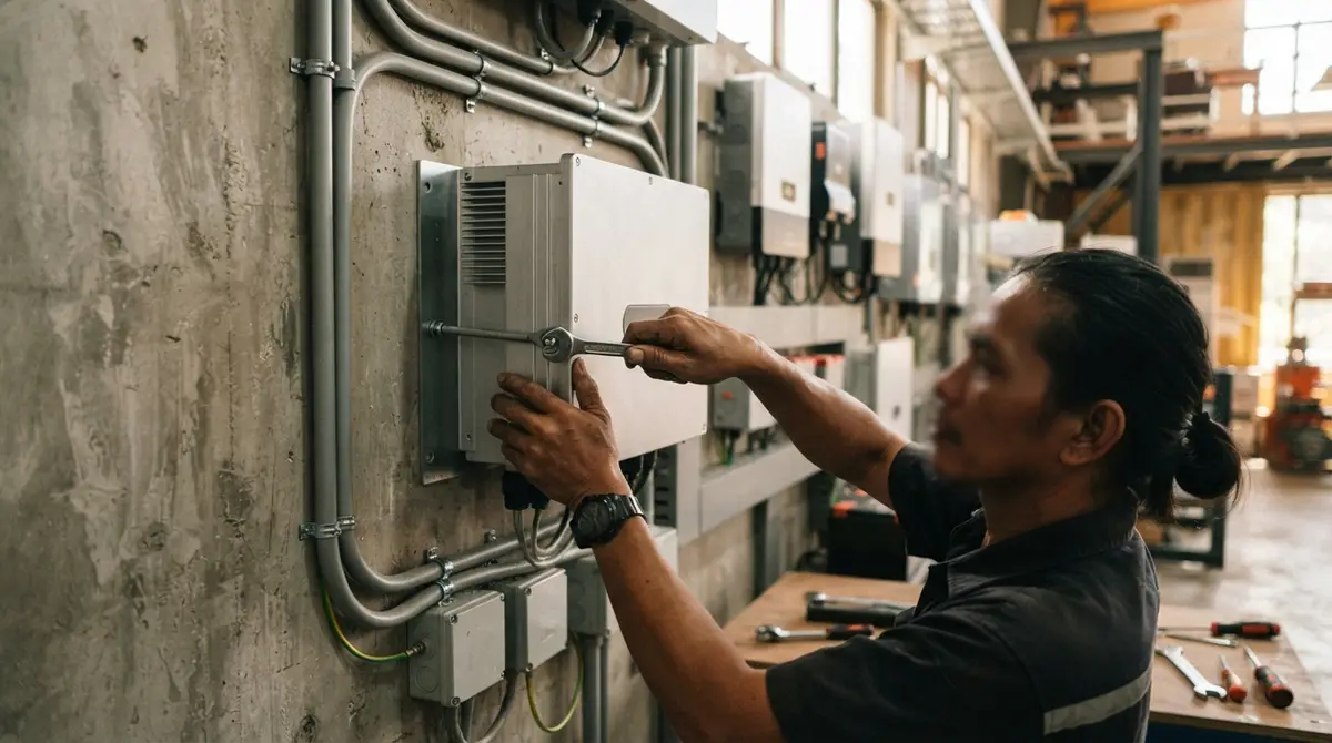 A technician mounts a metallic electrical inverter onto a concrete interior wall.