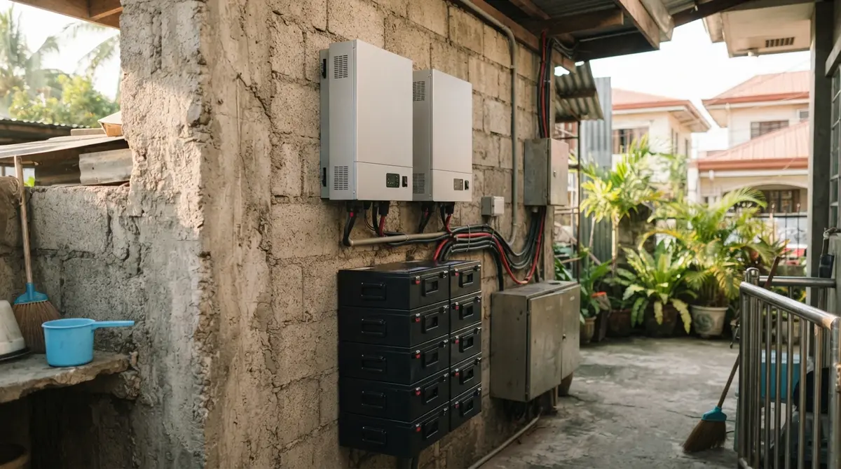 Two power inverters mounted on a concrete wall next to stacked modular battery units.
