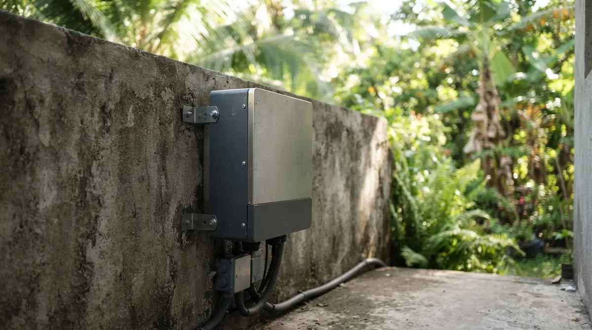 A metallic inverter box mounted on a concrete wall with greenery in the background.