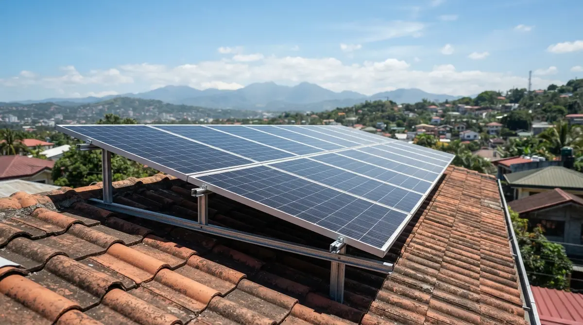 Solar panels mounted on a tiled rooftop with distant mountains visible under a bright sky.