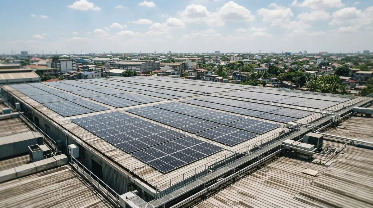Rows of solar panels arranged in a grid pattern on a corrugated metal roof.