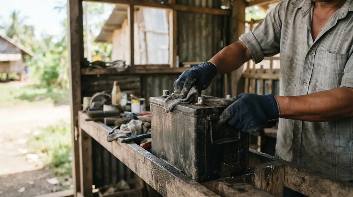 A worker cleans the dusty casing of a heavy lead-acid battery in a sunlit shed.