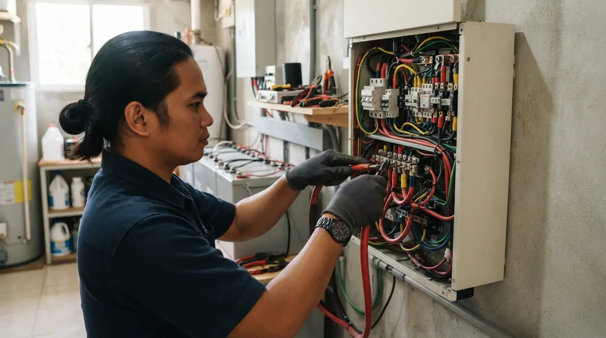 Hands connecting thick copper cables into a wall-mounted inverter inside a utility room.