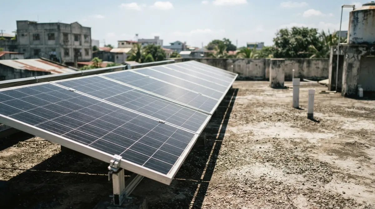 Photovoltaic panels angled toward the sun on a flat concrete rooftop.
