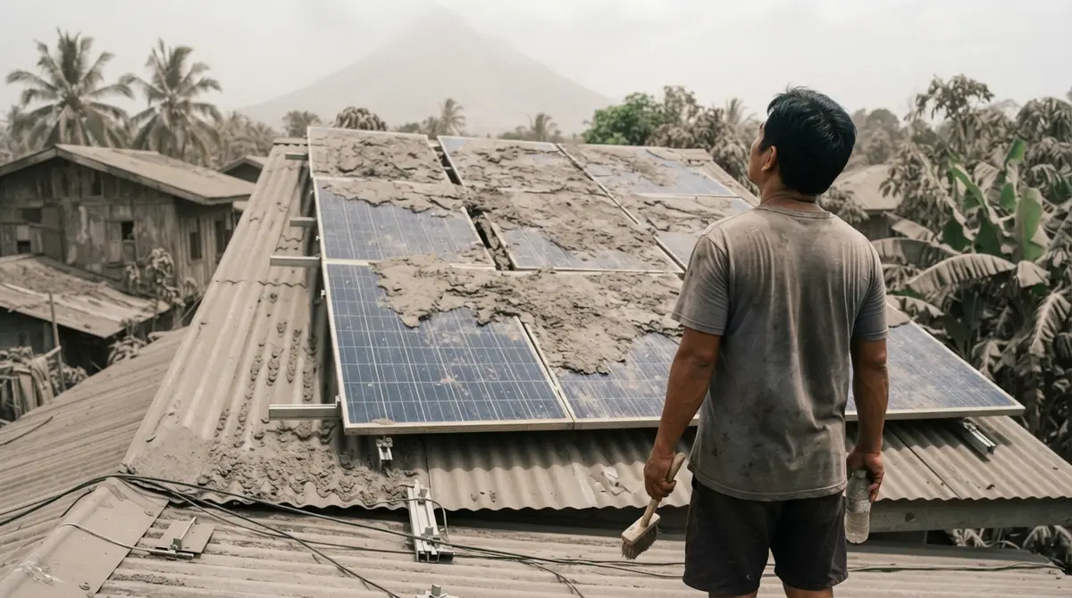 Solar panels covered in a thick layer of grey volcanic ash and dust on a roof.